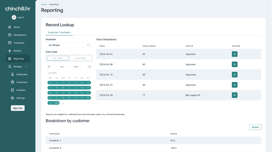 Picture of Chinchill.hr app reporting