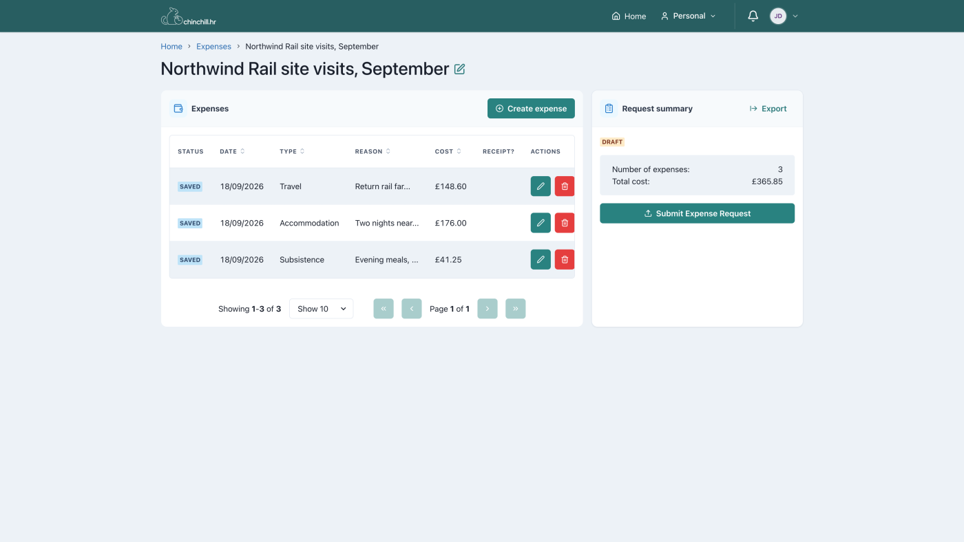 An expense request with three lines - travel, accommodation and subsistence - totalling £365.85, ready to submit