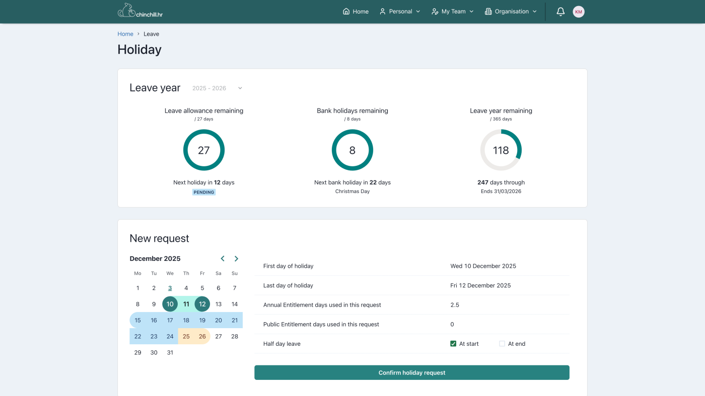 The holiday screen, showing leave allowance remaining alongside a request being booked on a calendar